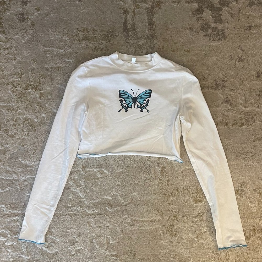 Long Sleeve Crop Top Blue Butterfly Y2K